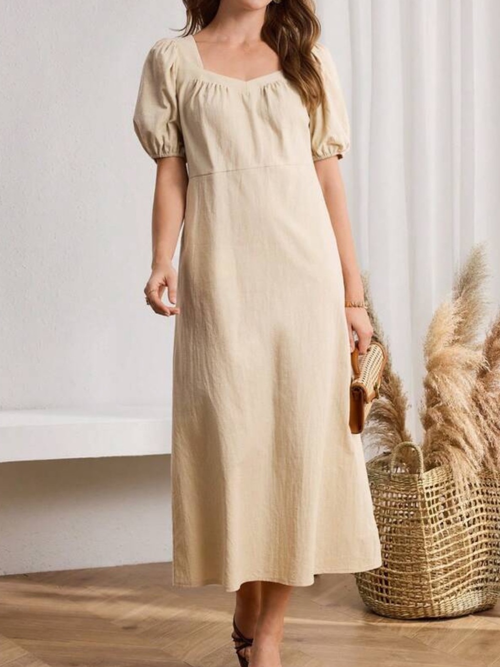100% Cotton Cream Puff Sleeve Square-Neck Midi Dress NWOT